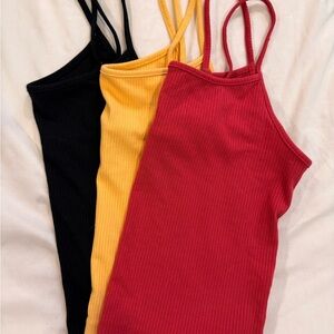 American Eagle Outfitters Ribbed Camisole Trio - Black, Yellow, Red/Pink